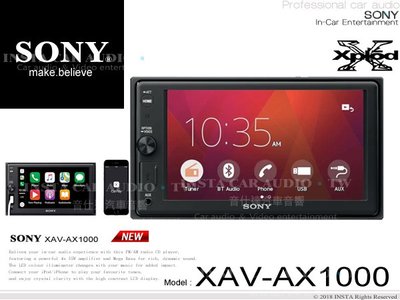 音仕達汽車音響 SONY XAV-AX1000 藍芽觸控螢幕主機 USB/AUX/Apple CarPlay 公司貨