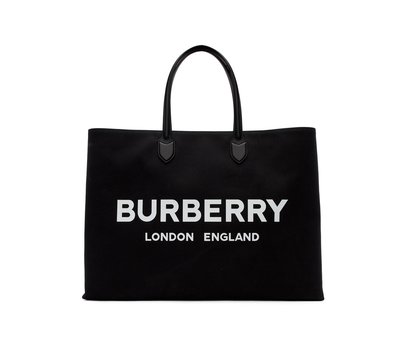 [全新真品代購-SALE!] BURBERRY 黑色帆布 LOGO 托特包 / 肩背包
