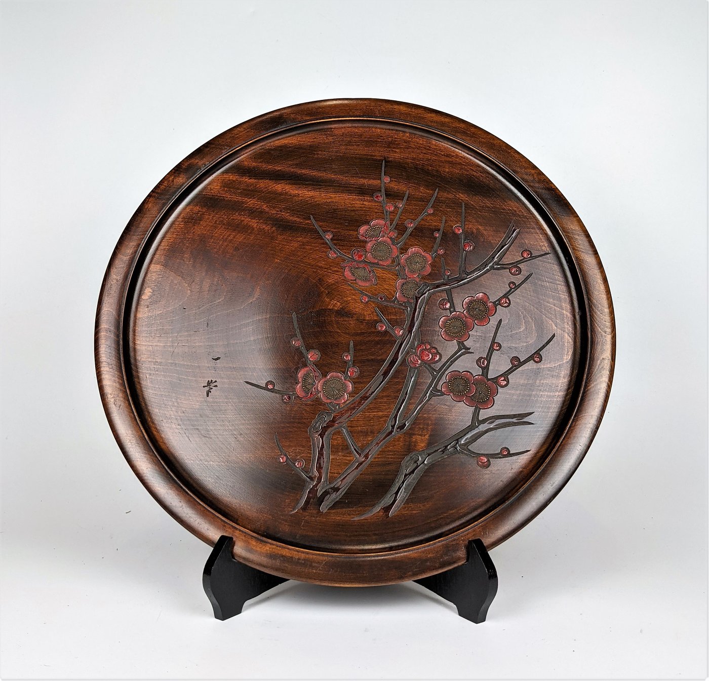 日本古美術/烏城彫，一榮作，閃花梅紋特大刳貫丸盆飾皿，直徑48cm