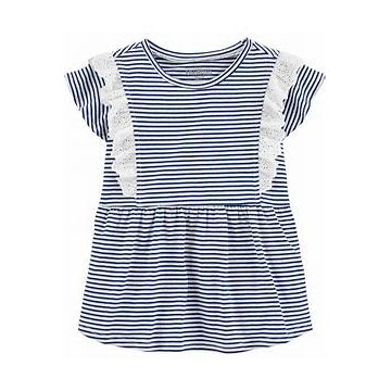 【Carter's】【零碼4歲】CS女童短袖側蕾絲藍白條紋 F03200410-06