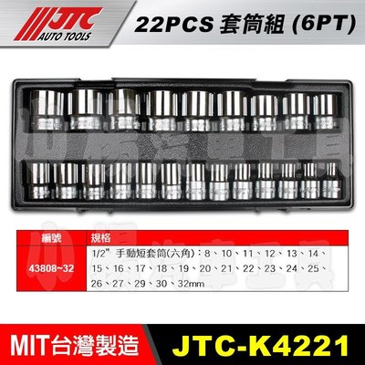 【小楊汽車工具】JTC K4221 1/2"DR.22PCS 套筒組(6PT) 4分 四分 手動 短白 6角 六角 套筒
