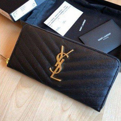 橘子精品 YSL 聖羅蘭 PARIS 魚子醬 壓紋黑色金釦 拉鏈 長夾