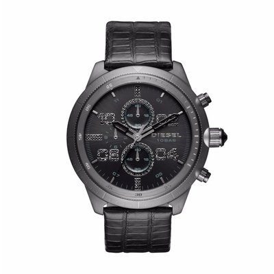 【DIESEL】【DZ4437】Diesel男款腕錶鱷魚紋皮錶帶三眼計時黑鑽錶面鐵灰框 F03174437-DZ