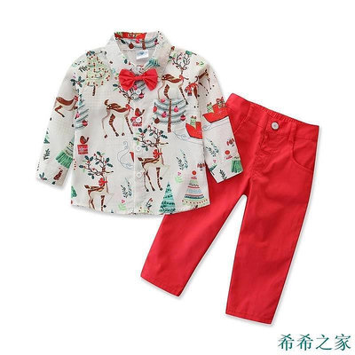 熱賣 童裝2022新款秋季歐美紳士領結耶誕節套裝 ins時髦男童兩件套可愛小鹿襯衫長褲新品 促銷