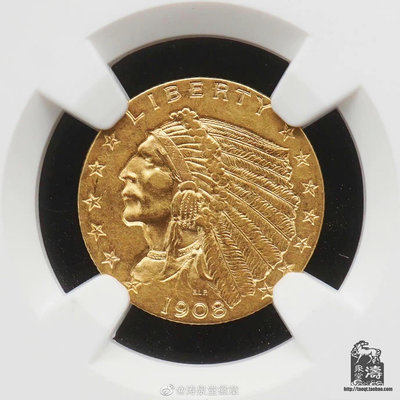 NGC-AU53美國1908年印第安人頭像2.5美元金幣，含