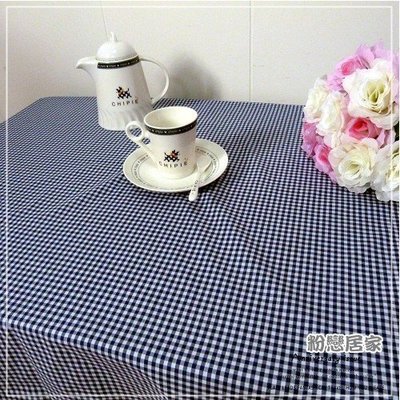 優雅深藍白格棉布平面桌巾桌布~可訂做!