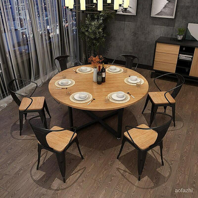 5CM厚實木板高檔餐桌 客製化北歐簡約實木大圓桌美式loft鐵藝圓形