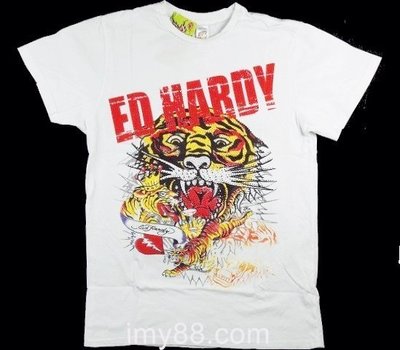 Ed Hardy 短袖 T 恤 全鑽 老虎頭設計 微風 刺青潮牌 白色 XL XXL 2XL 【以靡專櫃正品】