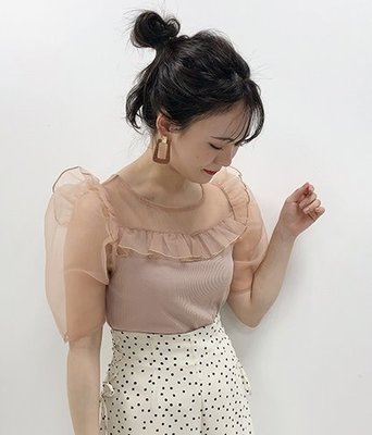 【WildLady】 日本甜美氣質泡泡袖紡紗花邊透視針織衫上衣 NICE CLAUP