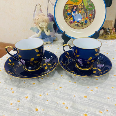 日本皇室御用瓷香蘭社薔薇藍釉金葉咖啡杯