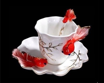 5Cgo【鴿樓】琺琅瓷 9772545910 金魚杯 杯 盤 匙 下午茶杯組 陶瓷手工彩繪 法蘭 貴婦 小資