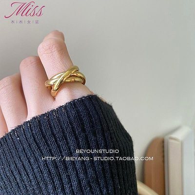 E515輕奢小眾時尚金色多層圈圈交叉設計高級感ins潮流戒指女-Miss木木女裝