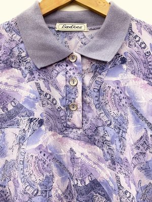 NANA 日本古著 柔霧綢緞 音符圖騰印花 短袖花襯衫 日式藤鼠灰紫色