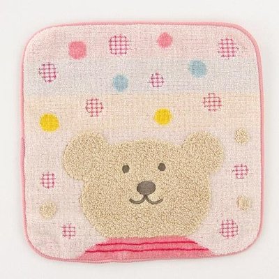 日本製 彩虹熊純棉 小圓點 手帕 四方巾 小毛巾~粉