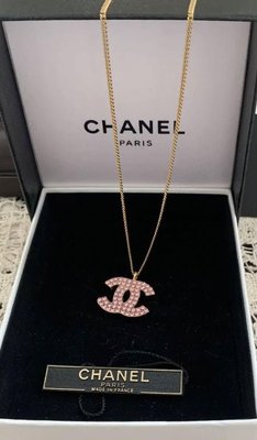 Chanel vintage香奈兒復古超美粉色水鑽金色cc標誌項鍊 項鏈
