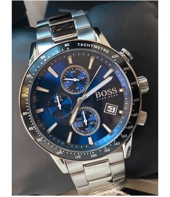 HUGO BOSS Rafale 藍色面錶盤 銀色不鏽鋼錶帶 石英 三眼計時 男士手錶 1513510