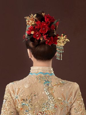 新娘結婚發飾中式發簪流蘇飛鶴古典古裝漢服大氣紅色花朵造型飾品~特價