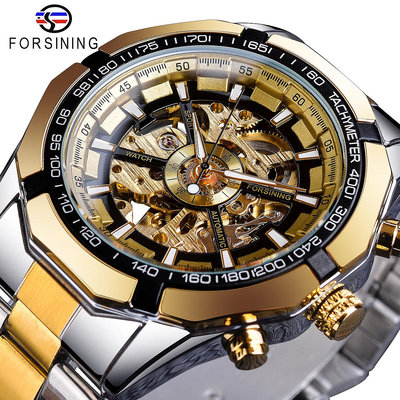 現貨男士手錶腕錶Forsining男士鏤空自動手錶金色機械手錶男豪華不銹鋼錶帶