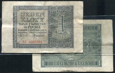 POLAND (波蘭紙鈔)， P99 ， 1-ZLORT ， 1941 ，品相美VF