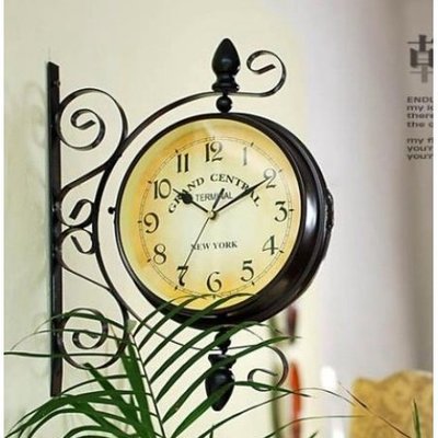 現貨 【時鐘】歐式田園復古金屬雙面掛鐘 鐵藝雙面鐘錶 客廳靜時尚掛鐘石英鐘錶
