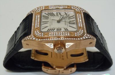 CARTIER 卡地亞錶 .山度士玫瑰金鑽錶.中型男女皆可戴.Cartier Santos 100中型. 44x35mm