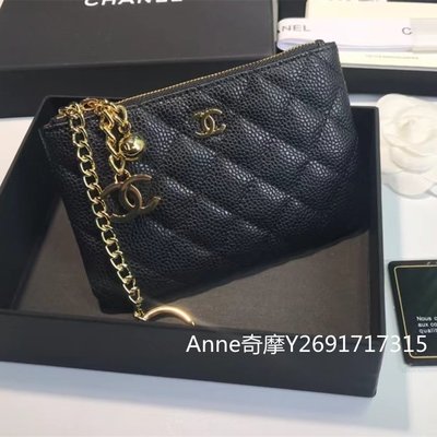 二手正品 CHANEL 香奈兒 黑色金釦/銀釦 荔枝紋菱格雙C 吊墜 拉鍊零錢包 鑰匙包 卡包 A50168