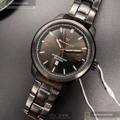 MASERATI手錶,編號R8853121008,44mm黑圓形精鋼錶殼,黑色簡約, 中三針顯示錶面,深黑色精鋼錶帶款