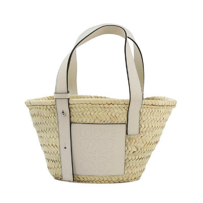 【LOEWE 羅威】Small Basket 小款 棕櫚葉拼小牛皮 托特包 編織包 草編包 原色 白色