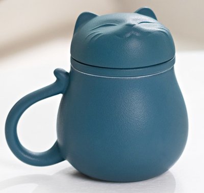 11489A 日式 貓咪造型杯蓋陶瓷杯 藏青色可愛貓貓泡茶杯濾茶葉杯子 貓造型附蓋喝茶杯馬克杯茶具禮物