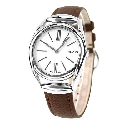 GUCCI YA140401 古馳 手錶 35mm 白面盤 棕色皮錶帶 男錶 女錶