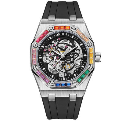 ONOLA時尚新款彩虹鑽全自動機械手錶矽膠帶防水手錶