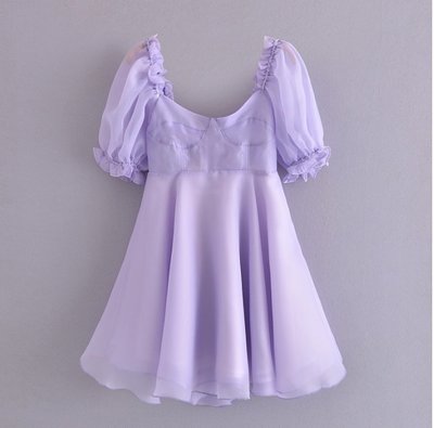 歐美 專櫃同款 法式 方領紫色網紗洋裝 蓬蓬裙 連身短裙 連身短洋裝 紗裙 收腰洋裝 甜美 澎澎裙