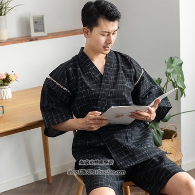 現貨熱銷-日式氣質甚平系繩男士家居服浴衣格紋短袖套裝夏日本純棉睡衣和服爆款