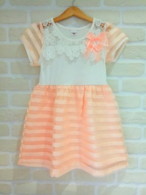 (現貨6～10y)夏季大童氣質款條紋繡花紗裙洋裝