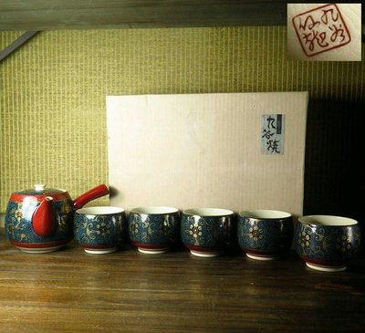 日本 仙龍作 金彩青粒鐵仙描金緣 九谷燒側把壺茶杯組 5客原箱附 後手急須 茶道具