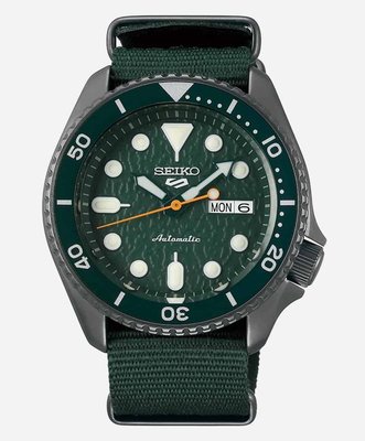 SEIKO 精工5 Sports霧黑離子綠計分外圈日期星期軍綠帆布帶機械腕錶 型號：SRPD77K1【神梭鐘錶】