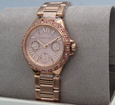 MICHAEL KORS Mini Camille 水鑽圈 粉色珍珠貝母錶盤 玫瑰金色不鏽鋼錶帶 羅馬數字 石英 女士手錶 MK7273