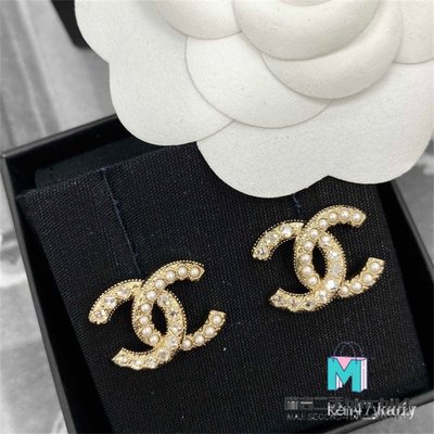 【二手】正品 Chanel 金色 金屬 珍珠 方形 水鑽 拼接 雙C 針式 耳環 AB6674