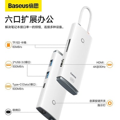 倍思Baseus 六合一TYPE-C筆電集線器HUB USB3.0/HDMI/PD/USB-C/TF/SD充電擴充轉接器