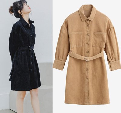 全新轉賣 H:CONNECT 韓國品牌 黑色 燈芯絨排釦腰帶襯衫洋裝