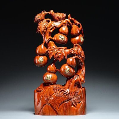現貨：花梨木雕刻五福臨門家居客廳植物葫蘆裝飾工藝品擺件開業喬遷送禮