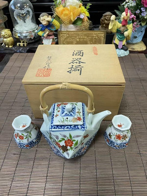 日本回流波佐見燒 林九郎作八角酒具套組 原裝木盒包裝 染付青