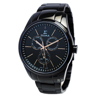 【台南 時代鐘錶 SIGMA】藍寶石鏡面 三眼日期 黑鋼腕錶 9815MBRG 黑/玫瑰金 42mm 平價實惠的好選擇