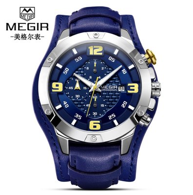【潮裡潮氣】MEGIR美格爾新款特色雙層皮帶多功能計時日曆防水石英男錶2099G