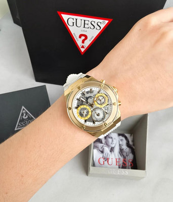 GUESS Athena 金色框 透視鏤空錶盤 白色矽膠錶帶 石英 女士手錶 GW0409L2