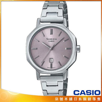 【柒號本舖】CASIO 卡西歐 SHEEN藍寶石鋼帶女錶-香檳銀面 / SHE-4554D-8A (台灣公司貨)