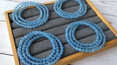 天然海藍寶手鍊三圈女款時尚水晶手串飾品禮物體透深色圓珠干凈