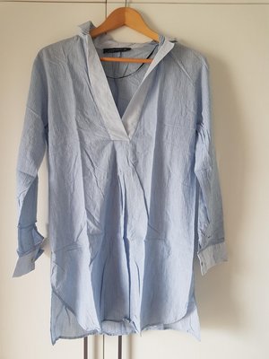 zara藍白細條紋襯衫式洋裝