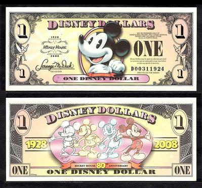 全新2008年迪士尼樂園米奇80周年1元美金紙鈔-D字軌
