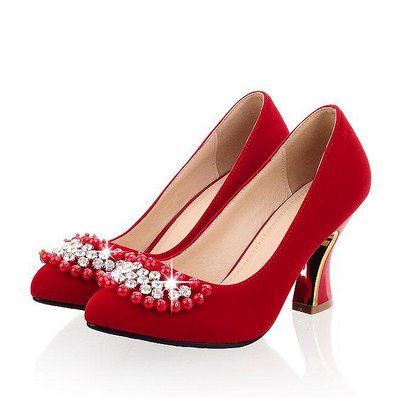 性感大紅色高跟鞋紅色新娘鞋水鉆珍珠高跟單鞋大碼女鞋40-43婚鞋